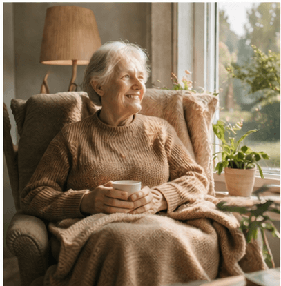 Eldre dame i stol hjemme — trygg og rolig